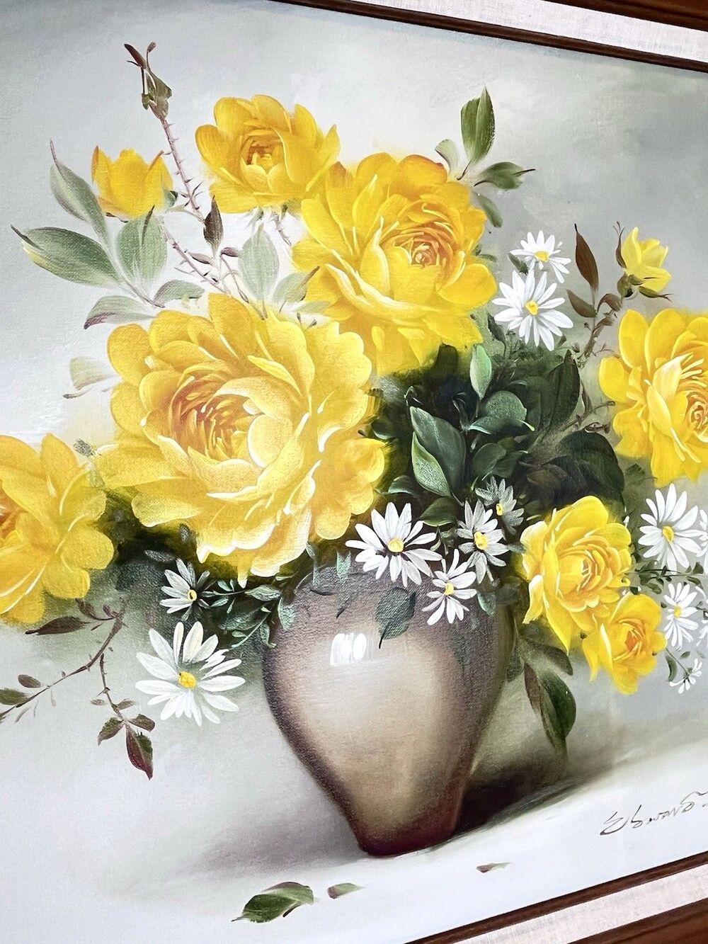 Vintage Oil Painting Still Life Yellow Roses Floral Signed Framed 28x24 Cottage